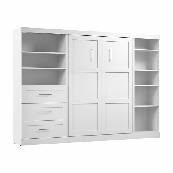 Bestar Pur Full Murphy Bed with Shelving and Drawers (120W) in White